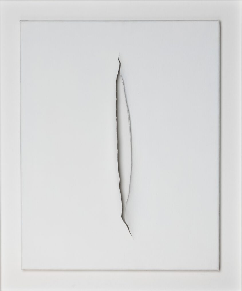 Fragile Traces VII (the great wound) 24x2x18cm surgical stitches on casein on canvas 2025